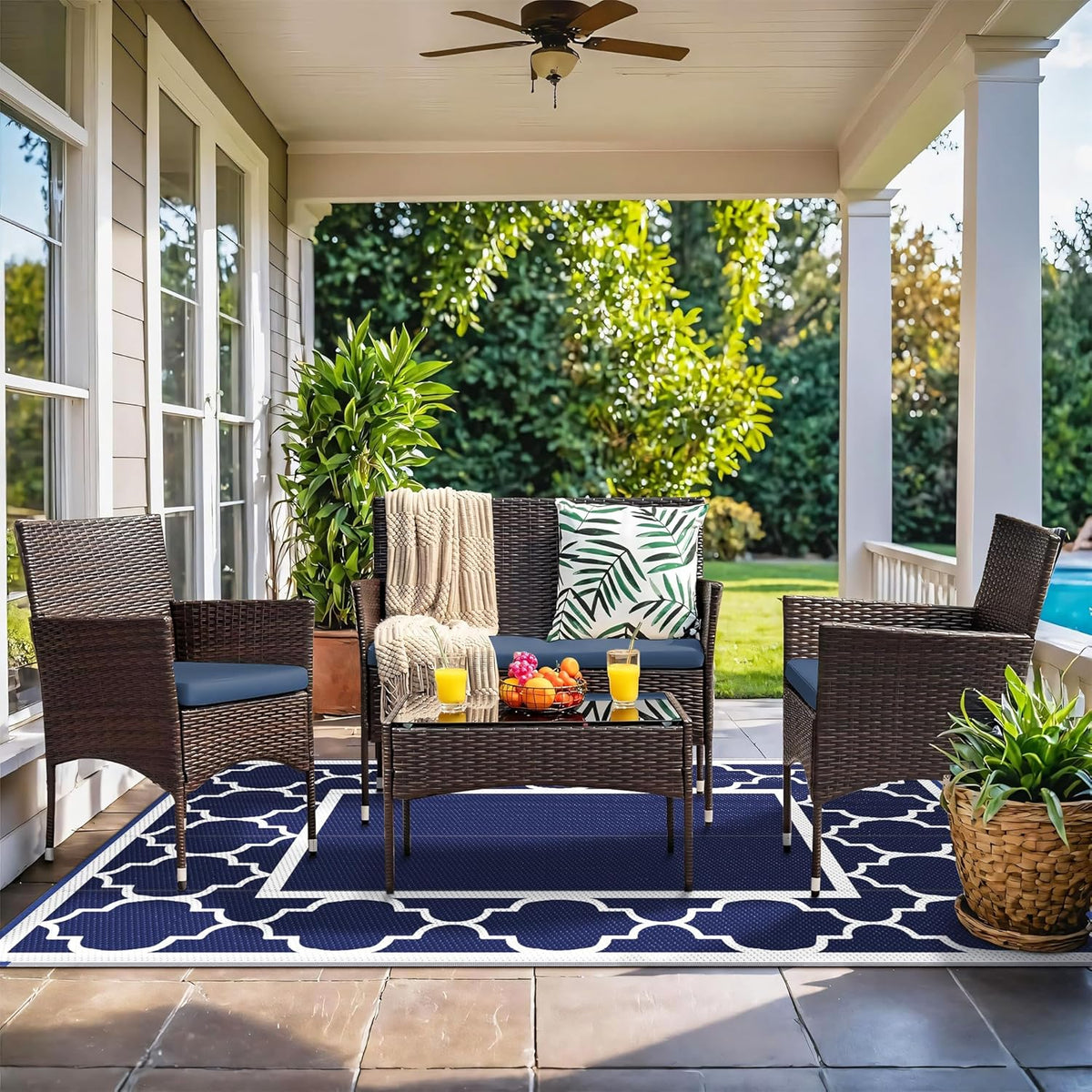 GENIMO 6' x 9' Outdoor Rug Waterproof for Patio Fall Decor, Foldable Reversible Plastic Straw Area Rugs Mat for Camper, Outside Carpet for Rv, Deck, Porch, Picnic, Beach, Balcony, Blue & Grey