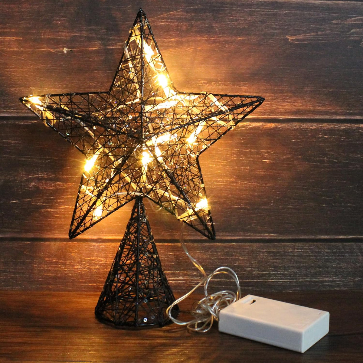 CVHOMEDECO. Black Tree Top Star with Warm White LED Lights and Timer for Christmas Tree Toppper Ornaments and Holiday Seasonal Décor, 8 x 10 Inch