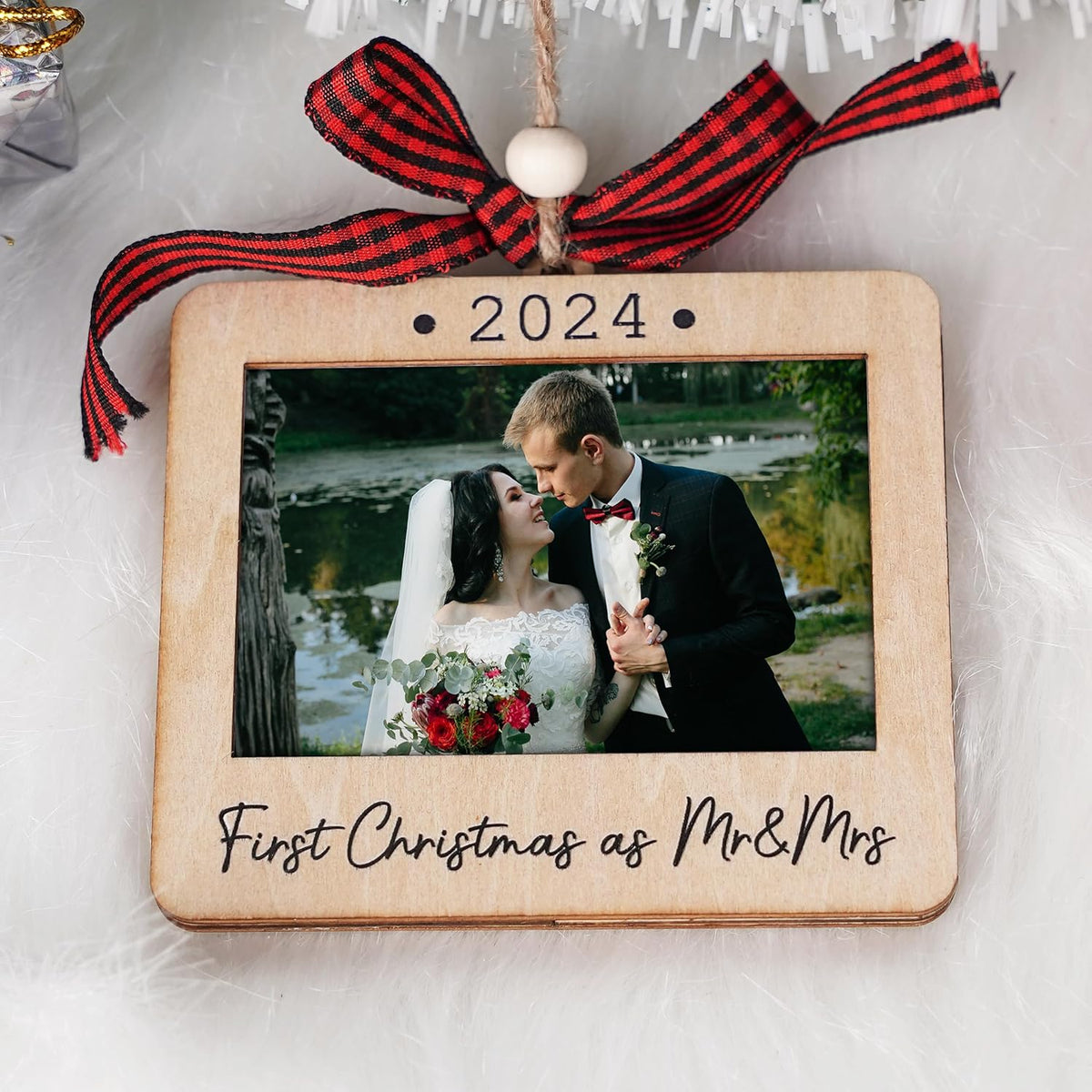 Christmas Photo Frame Ornament, 2024 Ornament, Wooden Picture Frame Ornaments With Hanging String (First Christmas As Mr & Mrs (Landscape))