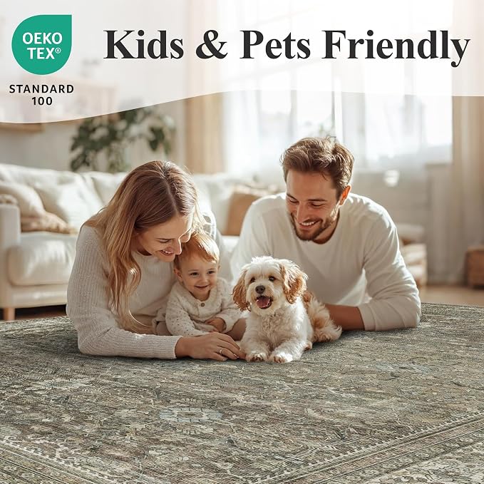 Schweek 9x12 Area Rug Brown Grey Washable Neutral Vintage Distressed Rugs | - Image 8