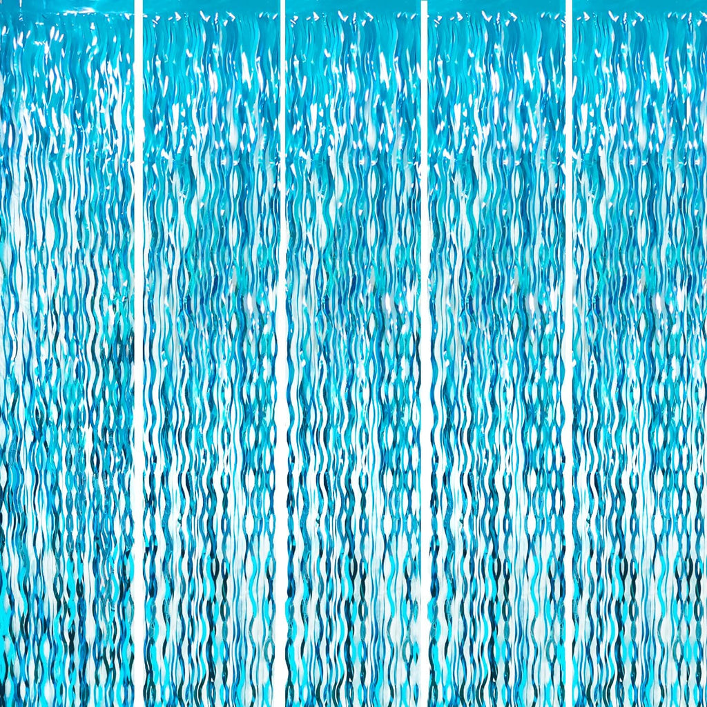 GOER 3.2 ft x 6.5 ft Metallic Tinsel Foil Fringe Curtains Party Photo Backdrop Party Streamers for Birthday,Graduation,New Year Eve Decorations Wedding Decor (5 Pcs,Wavy Light Blue)