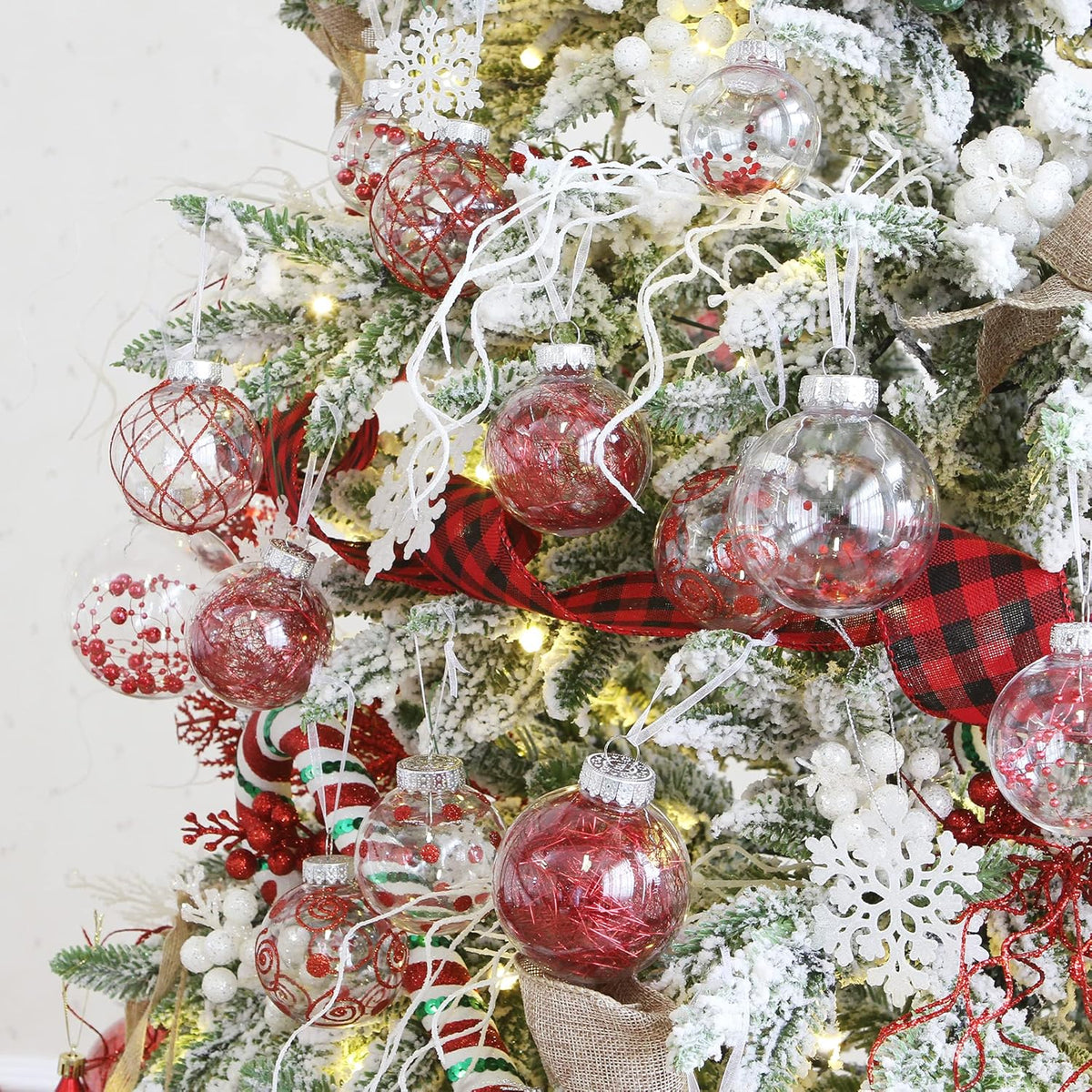 Sea Team Shatterproof Clear Plastic Christmas Ball Ornaments Decorative Xmas Balls Baubles Set with Stuffed Delicate Decorations (60mm/2.36 inch 30-Pack, Red)