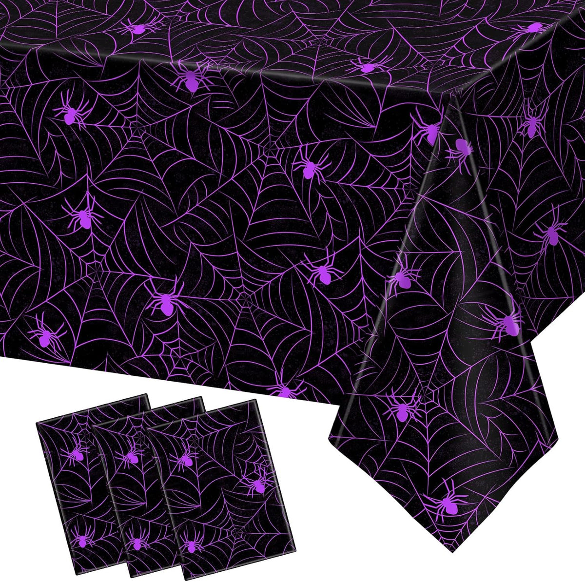 TREWAVE 3 Pack Halloween Spiderweb Tablecloth Rectangular Plastic Spider Web Table Cloth Large Size Table Covers for Home Decor Halloween Party Decorations 54" x 108" (Purple Spider)