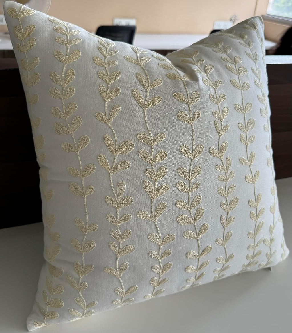 VAGMINE Embroidered Floating Leaves Throw Pillow Cover - 18x18 Inches Square - 100% Cotton Ivory Decorative Cushion Cover - Timeless Nature-Inspired Accent for Sofa, Couch & Modern Decor - Cream