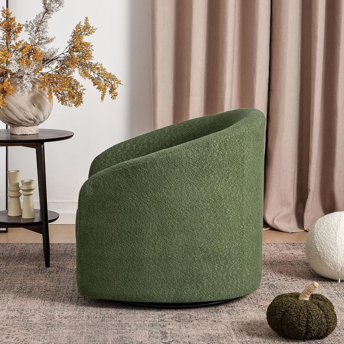 KINWELL 32" Wide Modern Boucle Swivel Barrel Chair, No Assembly Round Upholstered Swivel Accent Armchair for Living Room, Bedroom, Office (Green)