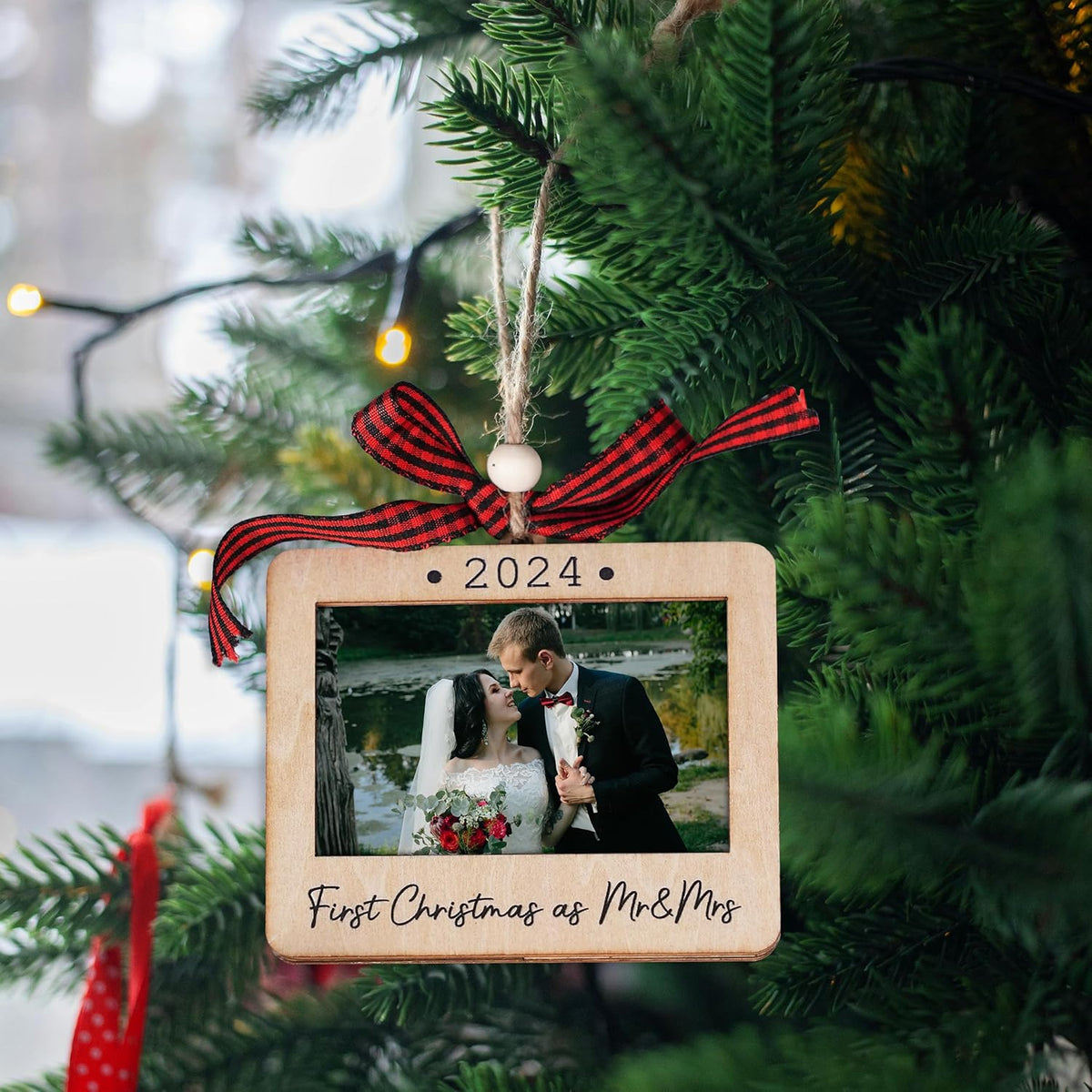 Christmas Photo Frame Ornament, 2024 Ornament, Wooden Picture Frame Ornaments With Hanging String (First Christmas As Mr & Mrs (Landscape))