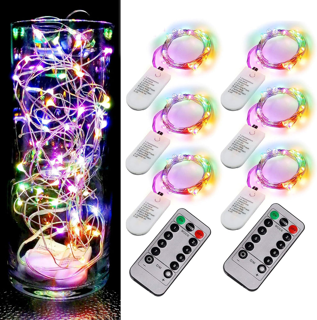 6 Pack Fairy Lights Battery Operated with Timer 2PCS Remote 6.5ft 20LED Multicolor Twinkle Lights Waterproof Silver Wire Fireflies Lights DIY Mason Jar Wedding Party Christmas Centerpiece Table Deco