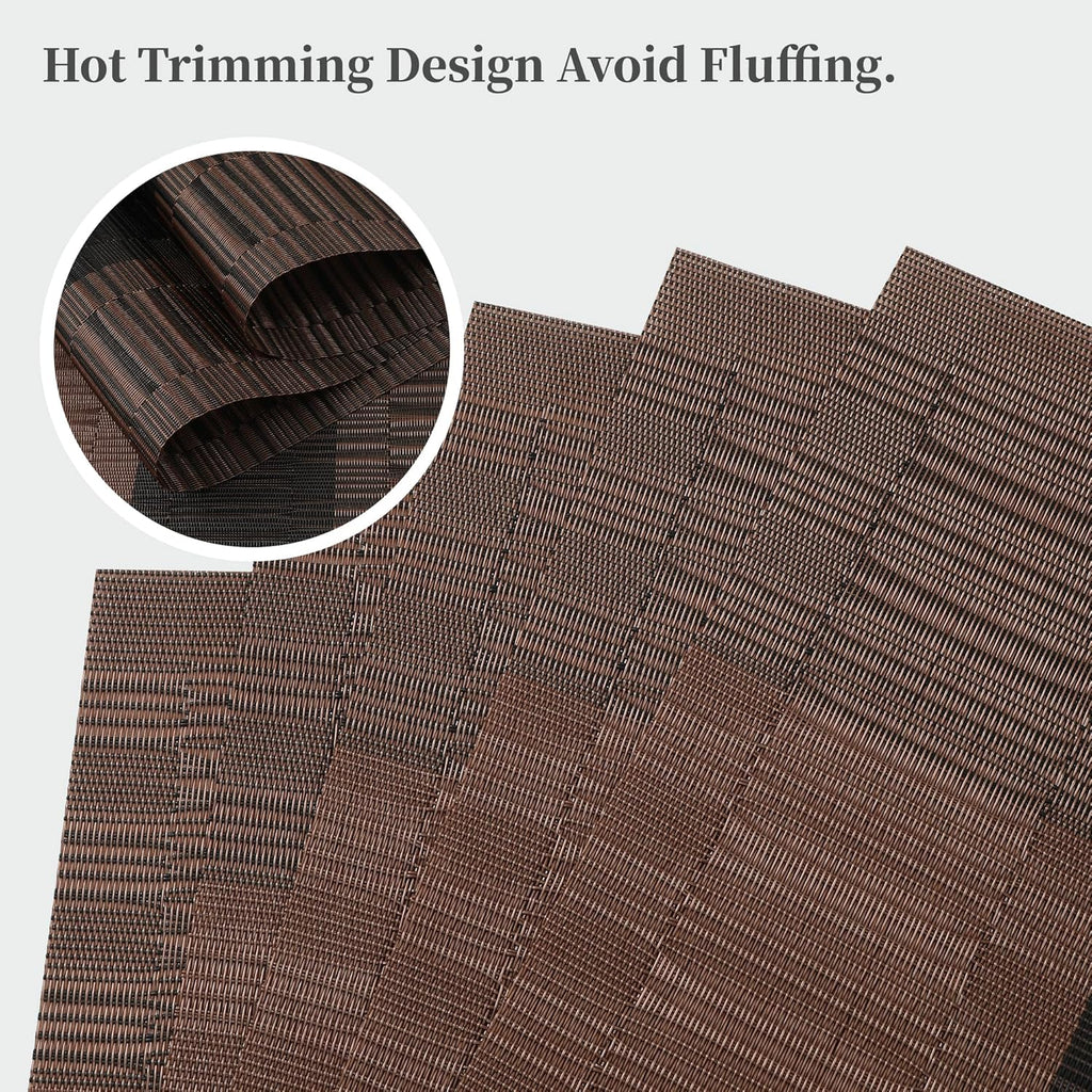 Leetaltree Brown with Black Striped Placemats Set of 6 - Heat Resistant Non-Slip Place mats for Dining Table, Washable Durable PVC Vinyl Woven Table Mats（Brown Stripe, 6）