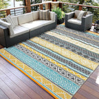 GAOMON Reversible Outdoor Rug 9'x18' Waterproof Plastic Straw Rug, Patio Rug, Large Modern Area Rug Carpet, Indoor Outdoor Rugs for Camping, Porch, Deck, Balcony, Backyard, Teal/Yellow(Bohemia)