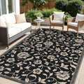 OLANLY Waterproof Outdoor Rug 5x8 ft, Outdoor Plastic Straw Rug with Flower Pattern, Reversible RV Mat for Patio, Camping, Balcony, Deck, Backyard, Black & Beige