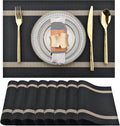 Black Placemats Set of 8 - Easy Clean Modern Durable Washable Vinyl Place Mats - Heat Resistant Placemats for Kitchen Table - PVC Table Mats for Dining Table (Black with Stripes, 8)