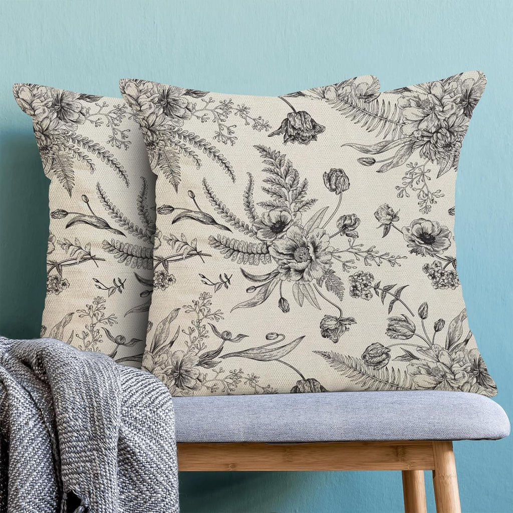 CXMEIFLY Spring Floral Leaves Pillow Covers 16 x 16 Inch Set of 2 for Chinoiserie Flowers Decor Throw Pillows Black and White Seasonal Plant Outdoor Decorative Cushion Cases for Couch Bed Decorations