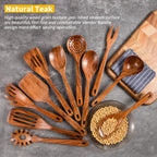 GUDAMAYE 11 PCE Wooden Spoons for Cooking, Wooden Kitchen Utensils Set,Wooden Cooking Utensils,Natural Teak Wooden Spoons For Non-stick Pan