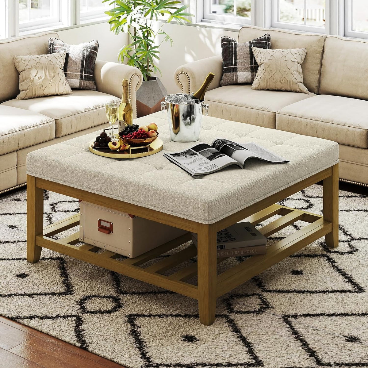 Large Square Ottoman Coffee Table, Linen Solid Upholstered Footrest Ottoman with Solid Wood Shelf Storage Tufted Coffee Table for Bedroom Living Room, Ivory