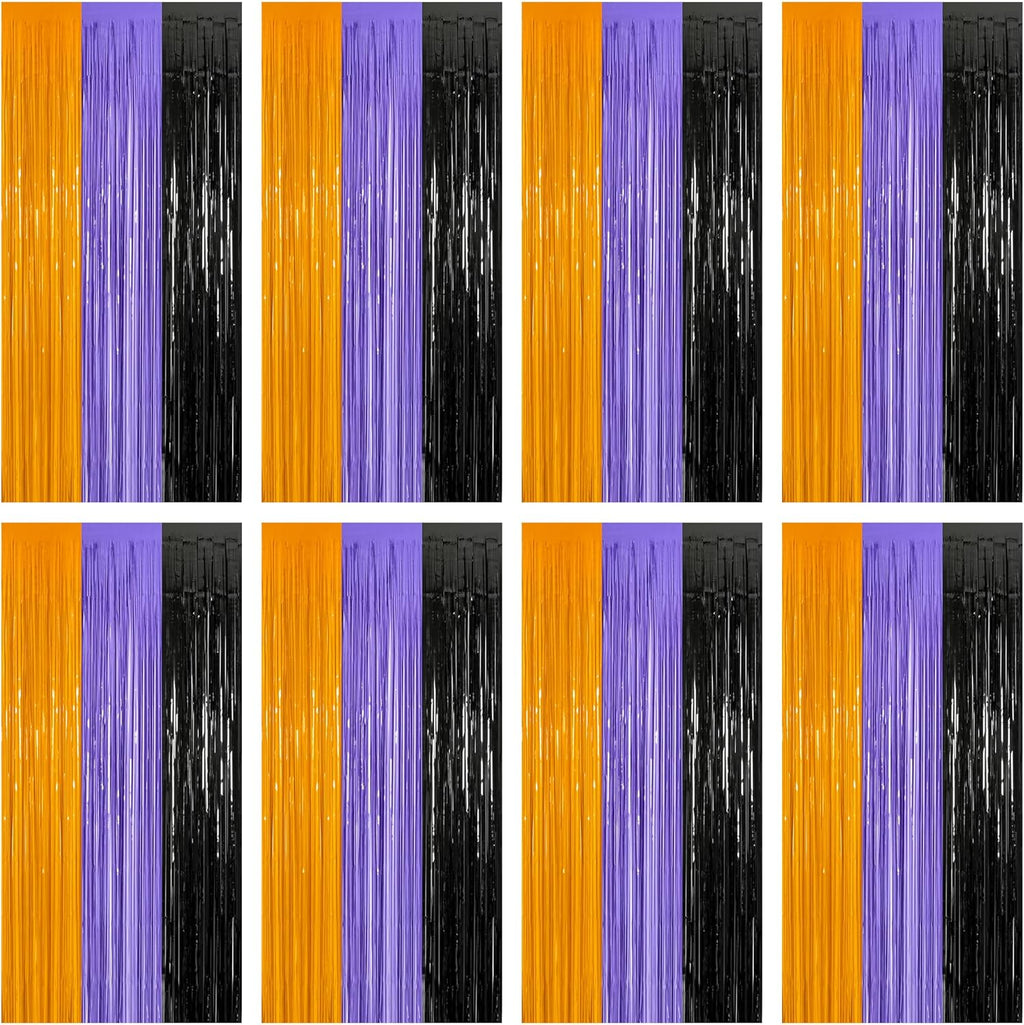 8 Pack Halloween Decorations Indoor, 3.28 FT x 7.05 FT Party Streamer, Orange Purple Black Streamer Backdrop Fringe Curtains Foil Tinsel, Halloween Party Supplies Hanging Halloween Decor