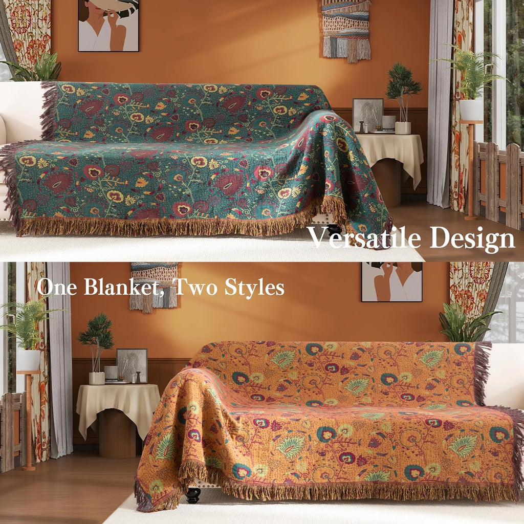 Boho Throw Blanket Full Size, Extra Large Soft Cozy Cotton Muslin Quilt Blanket for Bed Decor, Floral Patterned Couch Sofa Chair Cover, Vintage Farmhouse Cottage Woven Blanket, Green&Orange