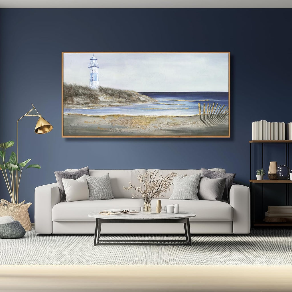 Yuaxker Coastal Wall Art Framed Wall Decor Blue and White Lighthouse Canvas Painting Modern Wall Hanging Artwork for Living Room Bedroom Dining Room Office Home Decor 20x40 Inch