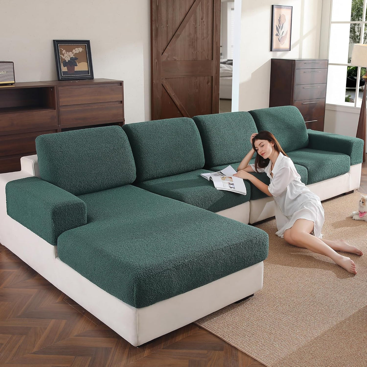 Couch Cushion Covers for Sectional Sofa, Stretch Soft Sofa Slipcovers Washable Wear-Resistant Universal Furniture Protector for Living Room(1 Piece Loveseat Cover, Green)