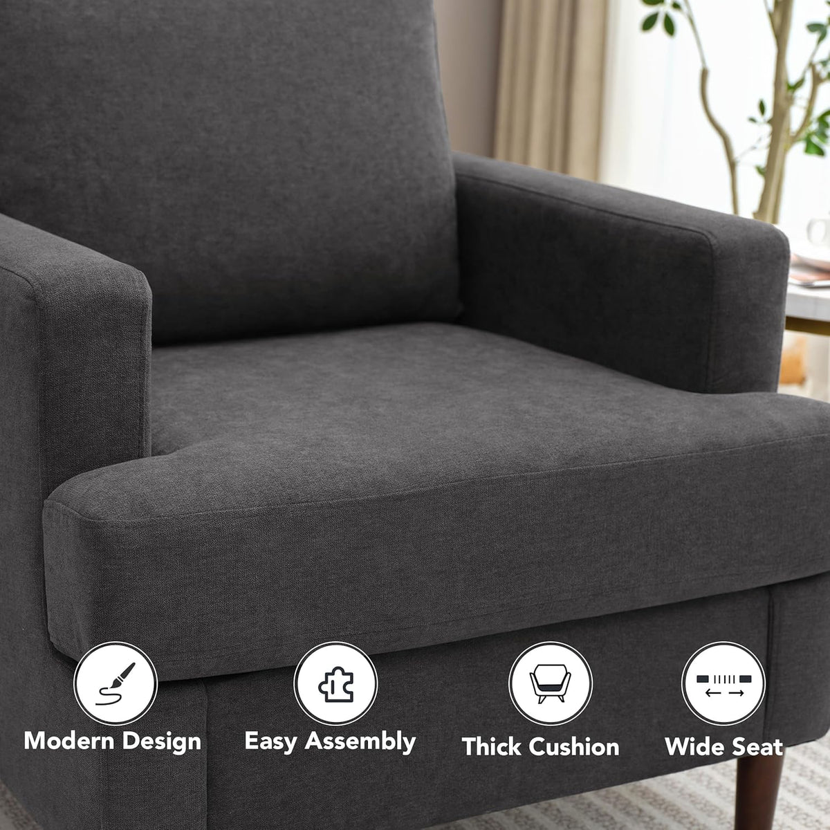 Mid-Century Accent Chair,Modern Linen Fabric Armchair for Living Room,Comfy Upholstered Reading Accent Chairs for Bedroom,Single Sofa Chair with Wood Legs (Dark Grey, 1 Pack)