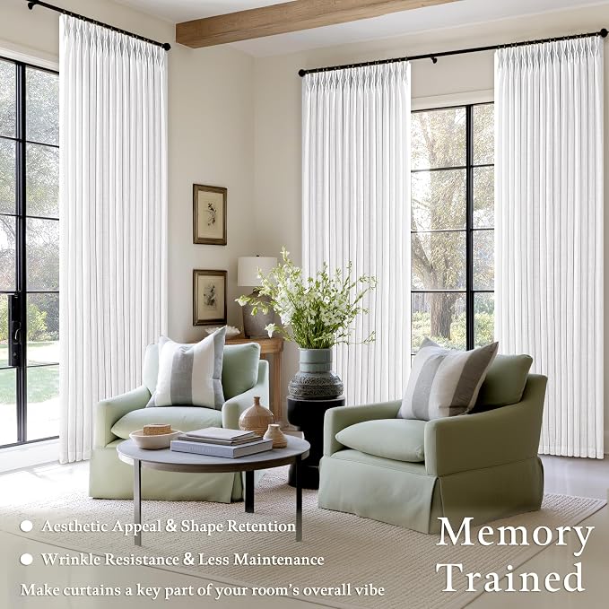 84 Inches Pinch Pleated White Linen Light Filtering Boho Curtains 2 Panels | - Image 2