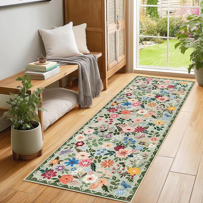 PLHXFR 2x5 Washable Runner Rug：Floral Indoor Kitchen Soft Carpet Green | - Image 3