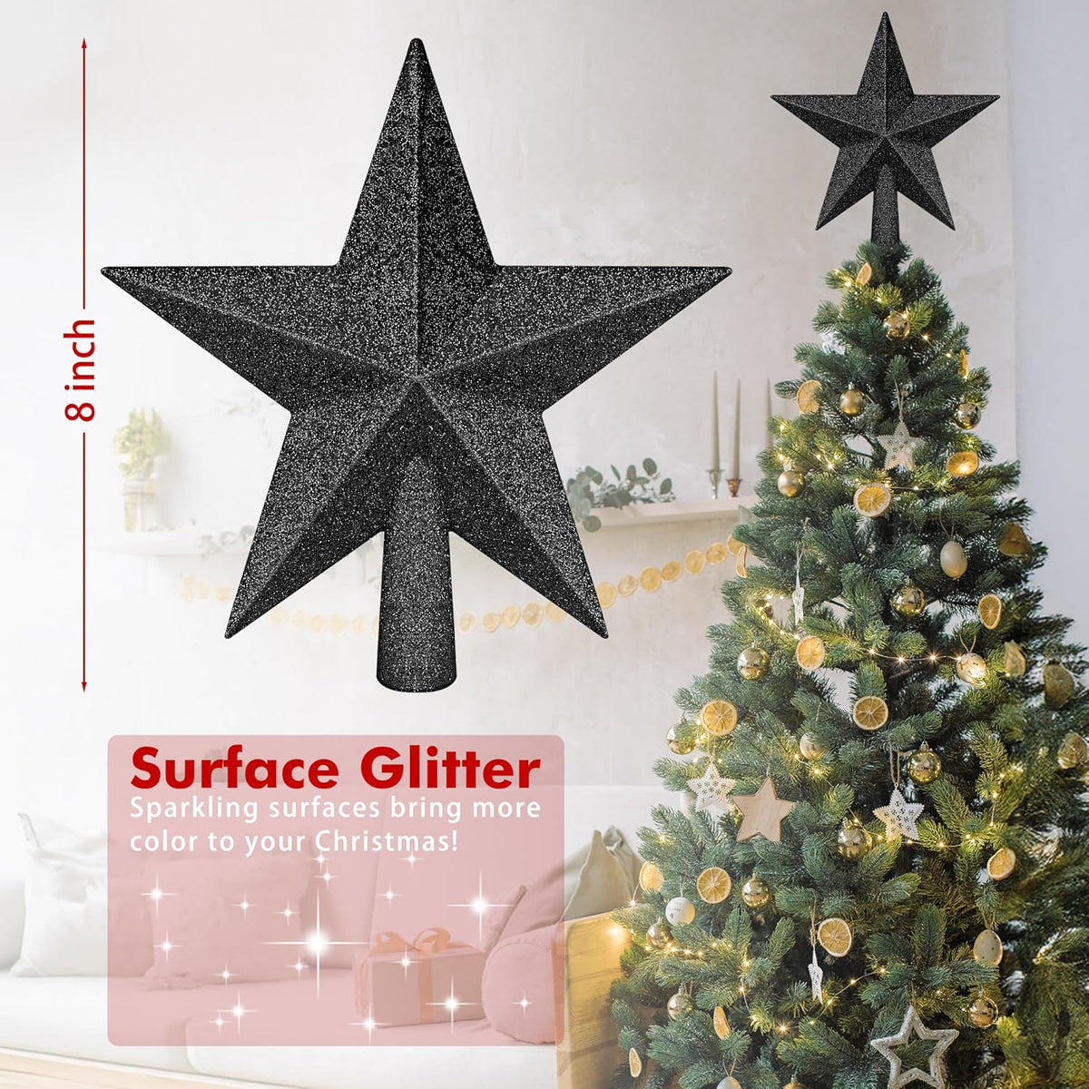 Christmas Tree Ornament, 8" Black Christmas Star Tree Topper Accessories, Xmas Glitter 3D Bethlehem Tree Topper Ornament, Waterproof Holiday Christmas Tree Topper Star Decor for Home Indoor Outdoor