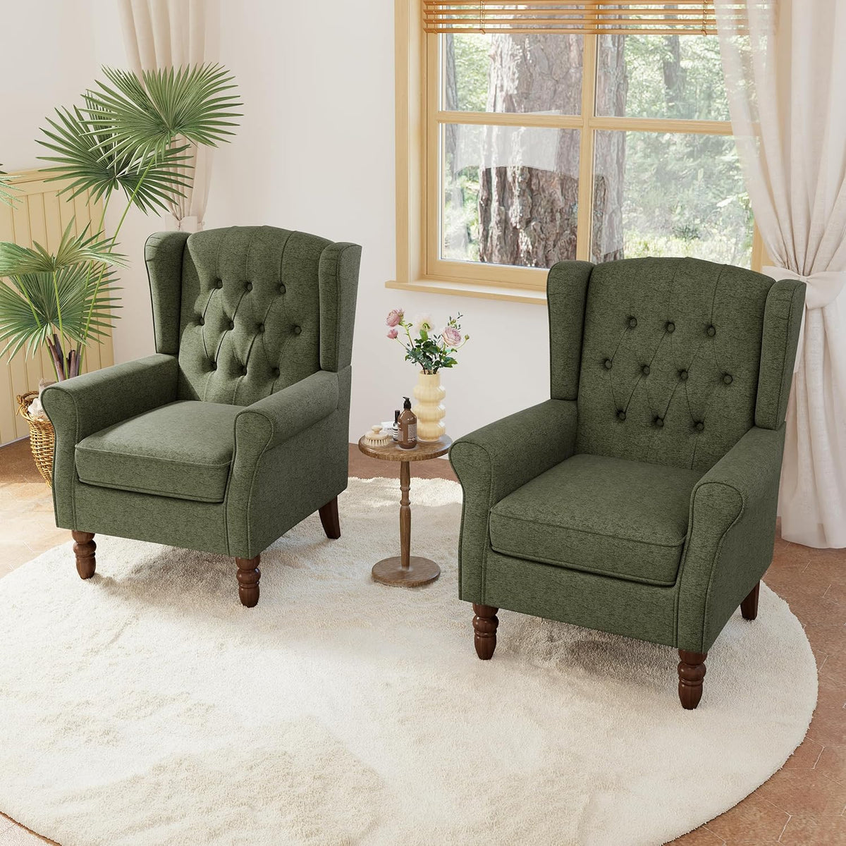 Lumibee High Back Accent Chair Set of 2,Upholstered Wingback Armchair with Solid Wood Legs for Small Spaces,Comfy Single Sofa Chair for Living Room,Bedroom,Office-Green