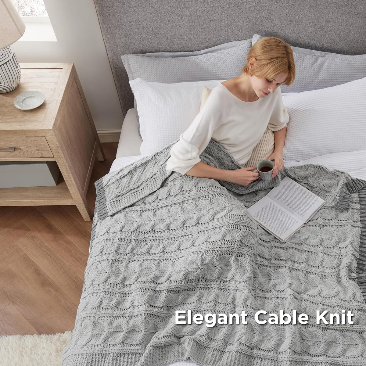 Bedsure Cable Knit Throw Blanket for Couch Bed - Breathable Chenille Chunky Knit Throw Blanket for Decorative Gift, GentleSoft Cozy and Warm for Winter and All Seasons, Grey, 50x60 Inches