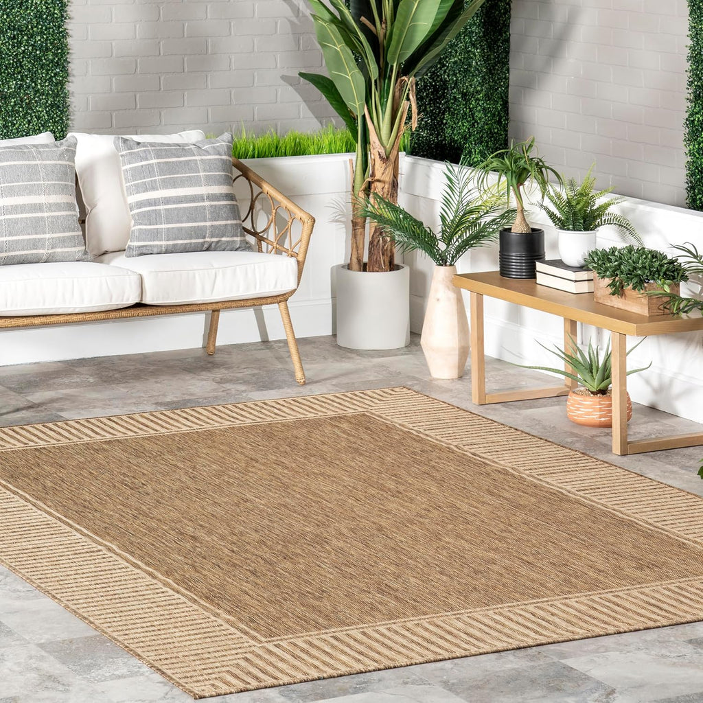 nuLOOM 8' x 10' Outdoor Area Rug, Casual Design With Striped Border, Stain Resistant, Highly Durable, For Patio, Balcony, Bedroom, Living Room, Dining Room, Bathroom, Light Brown