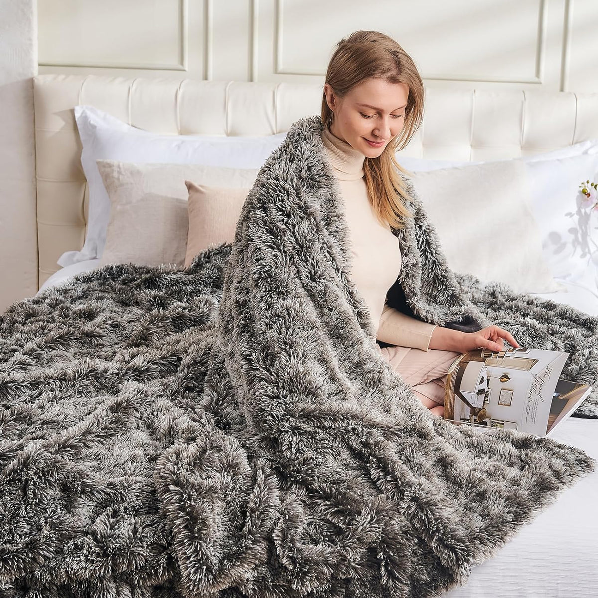 GONAAP Fuzzy Faux Fur Throw Blanket Frosty Black Super Soft Cozy Plush Fuzzy Shaggy Blanket for Couch Sofa Bed (Frosty Black, Throw(50"x60"))