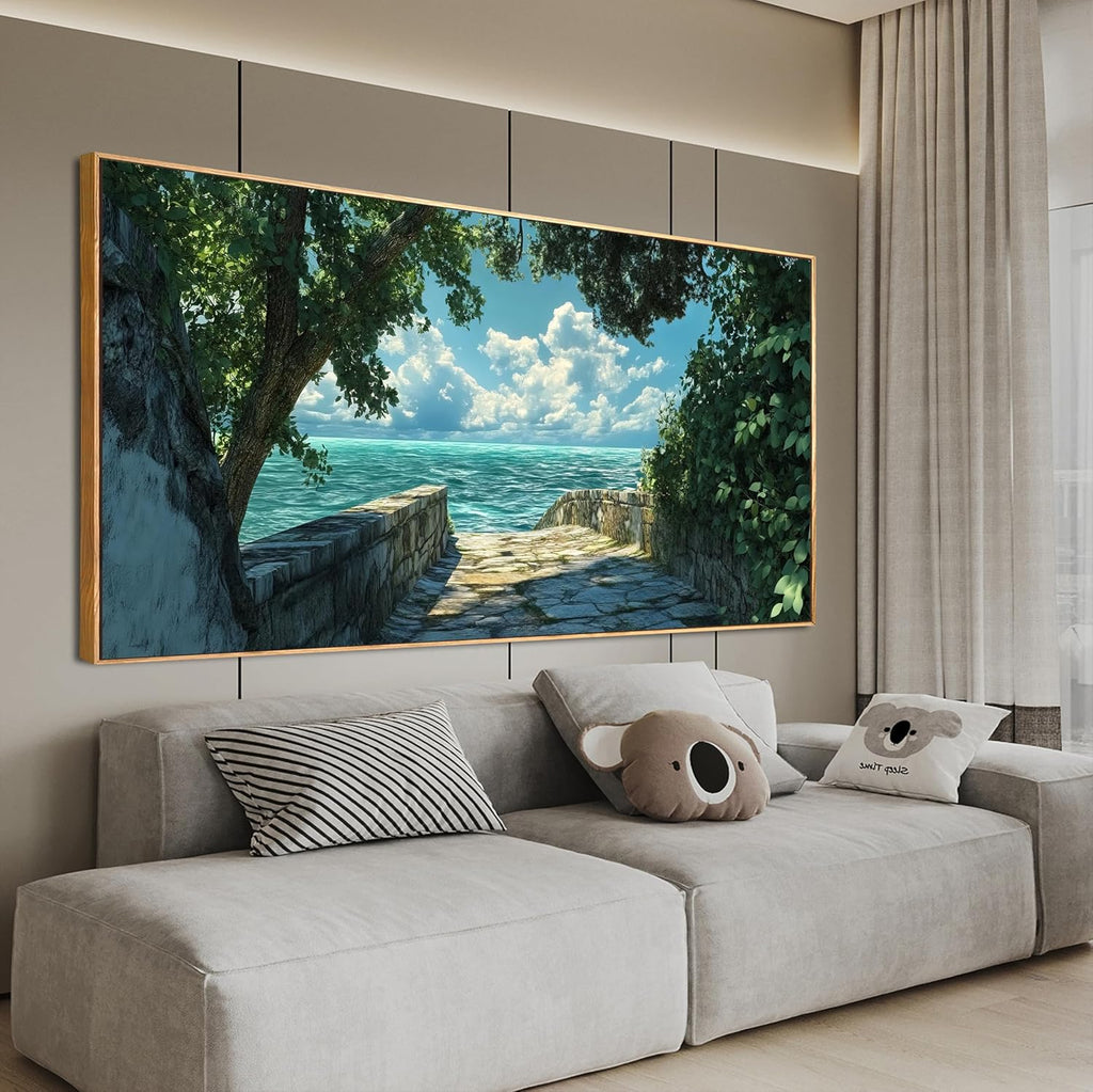 Canvas Wall Art Decor Wall Pictures for Living Room Artwork for Walls Large Landscape Natural Wall Art Decorations Framed Green Coastal Wall Art Prints Seaside Path Home Office Decor 29" x 58"