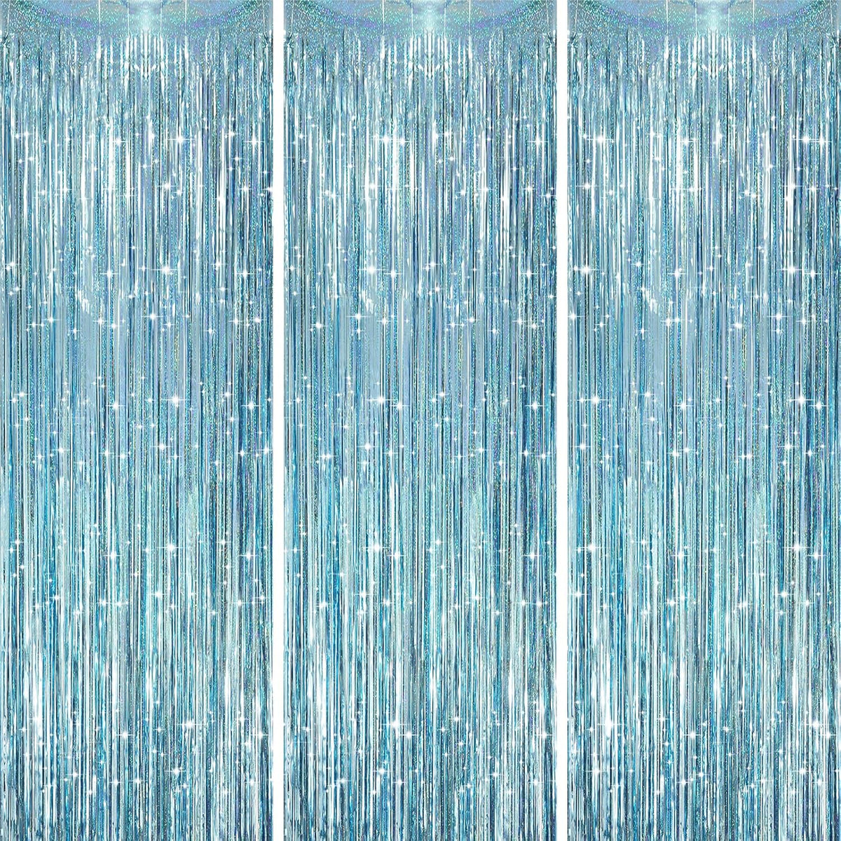 3 Pack 3.3 x 8.2 ft Laser Blue Foil Fringe Backdrop Curtains, Tinsel Streamers Party Decorations, Fringe Backdrop