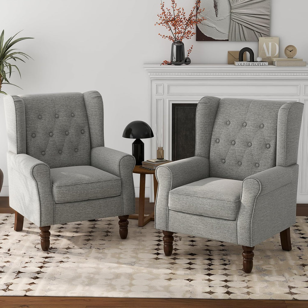 Lumibee High Back Accent Chair Set of 2,Upholstered Wingback Armchair with Solid Wood Legs for Small Spaces,Comfy Single Sofa Chair for Living Room,Bedroom,Office-Light Gray