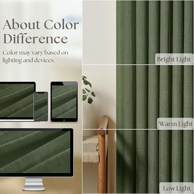 Olive Green Linen Pinch Pleated Light Filtering Curtains 84 Inches Long | Semi - Image 4