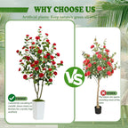 Artificial Camellia Tree 6FT Faux Trees Indoor Fake Floral Plant Blooming Tree with Red Flowers & White Tall Planter, Faux Camellia Plants for Porch Home Room Bedroom Office Front Door Outdoor Decor