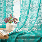 YJ YANJUN Vintage Lace Curtains 63 Inch Length Victorian Floral Teal Sheer - Image 2