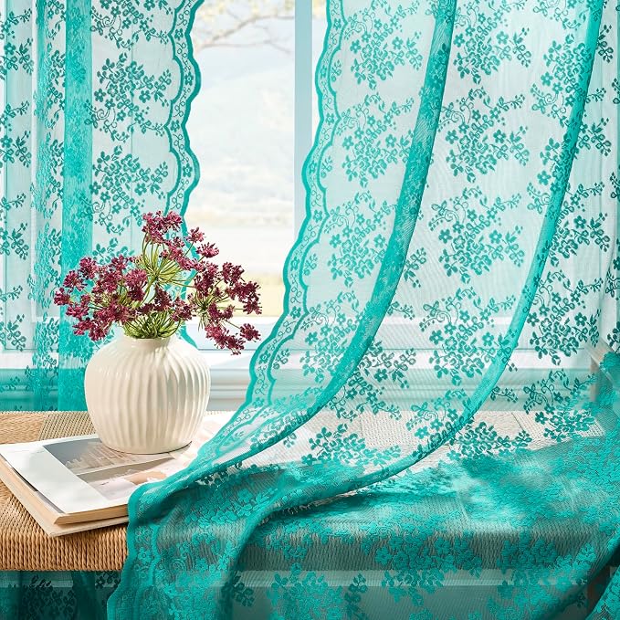 YJ YANJUN Vintage Lace Curtains 96 Inches Long-Victorian Floral Teal Sheer - Image 2