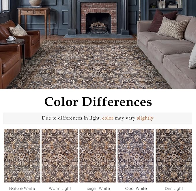 3x10 Brown Blue Vintage Floral Washable Runner Rug - Image 9