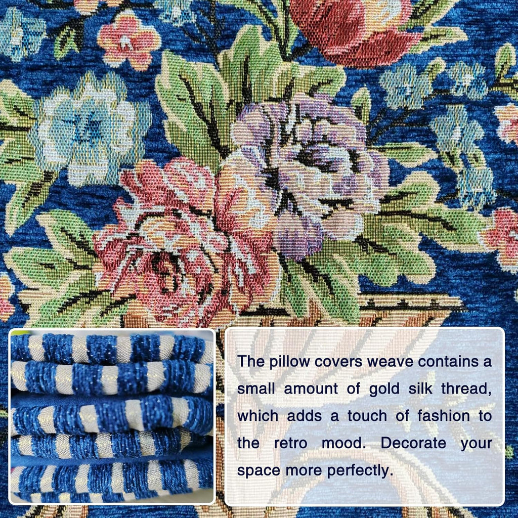Set of 2 Blue Vintage Embroidered Throw Pillows Covers 18x18in，Vintage Decorations Floral Embroidered Cushion Cover for Sofa Couch Bed Chairs Car
