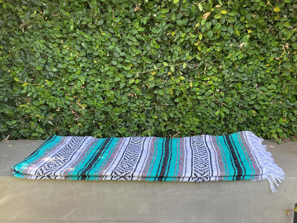 Del Mex Classic Mexican Blanket, Large Authentic Woven Falsa Throw (70"x50"), Artisan Southwest Décor for Beach, Yoga, Outdoors (Teal)