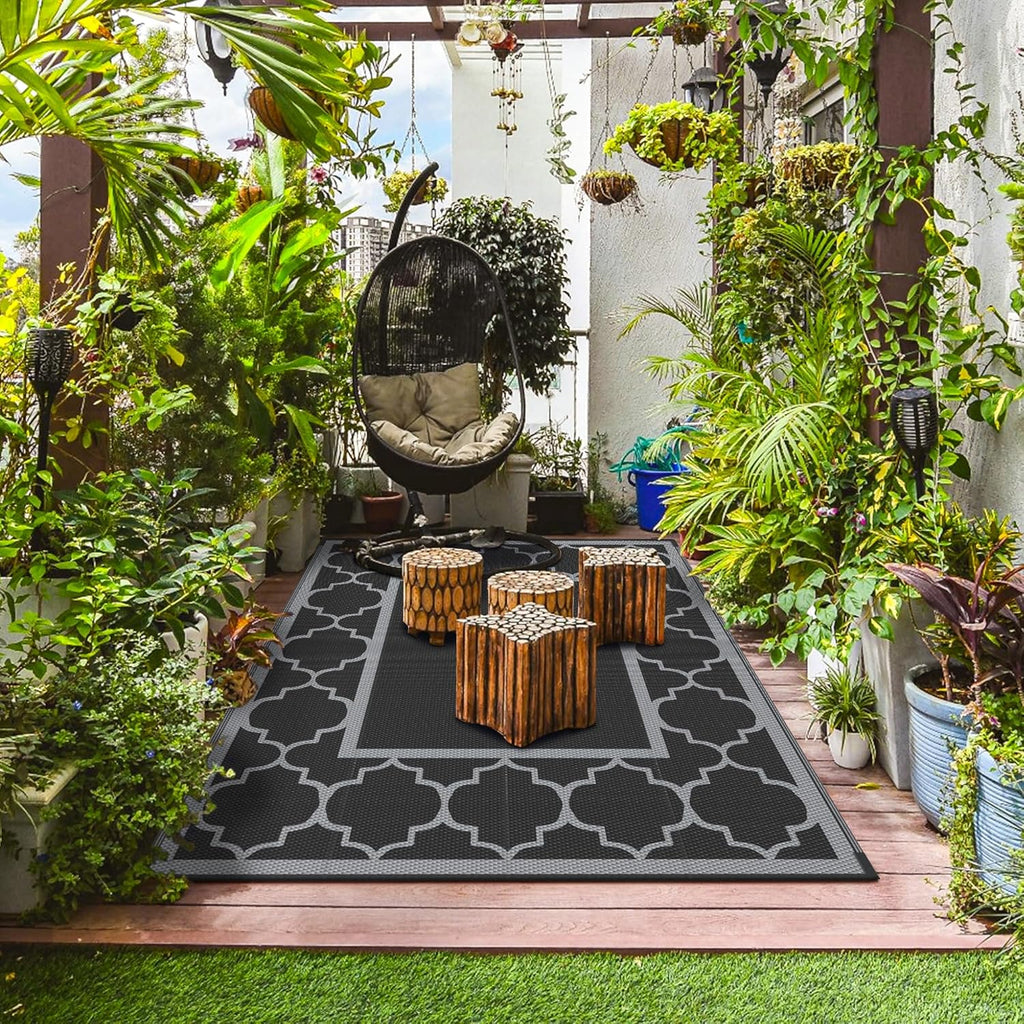 GENIMO 6' x 9' Outdoor Rug Waterproof for Patio Decor, Foldable Reversible Plastic Straw Area Rugs Mat for Camper, Outside Carpet for Rv, Deck, Porch, Picnic, Beach, Balcony, Black & Grey