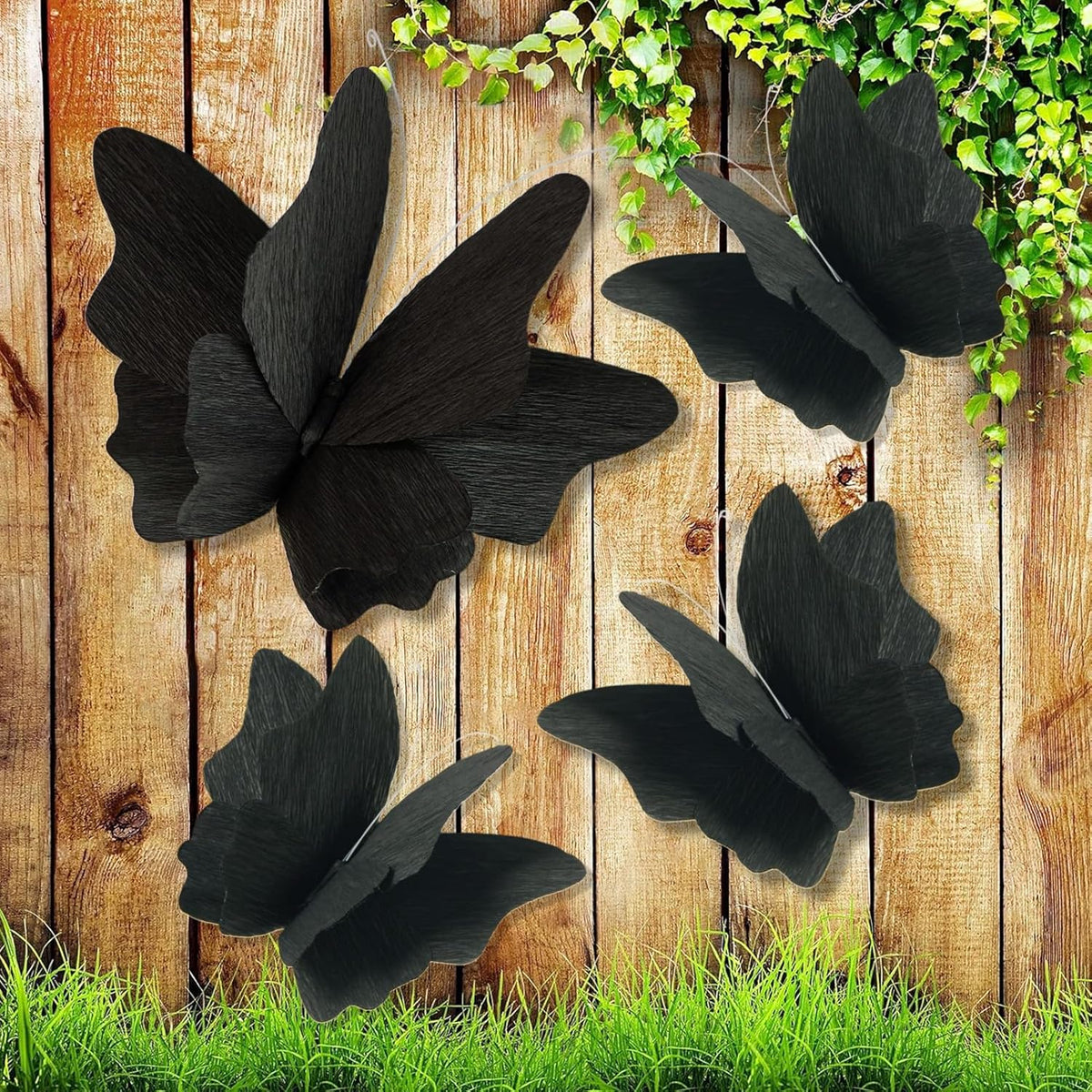 Party Butterfly Decorations, Black 3D Butterfly Birthday Decoration, 4 Pcs Crepe Paper Hanging Decor for Room, School, Black Theme, Flower Party for Garden, Dining Table Decor