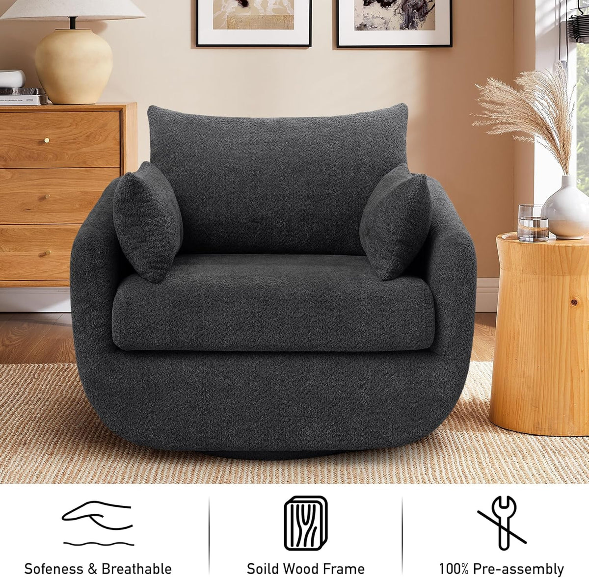 360° Swivel Accent Armchair Set of 2, 39.3" Oversized, Sherpa Boucle Fabric Sofa Chair with Removable Back & Arm Pillows, Swivel Chairs with Cozy Soft Padded, No Assembly Required, Dark Gray