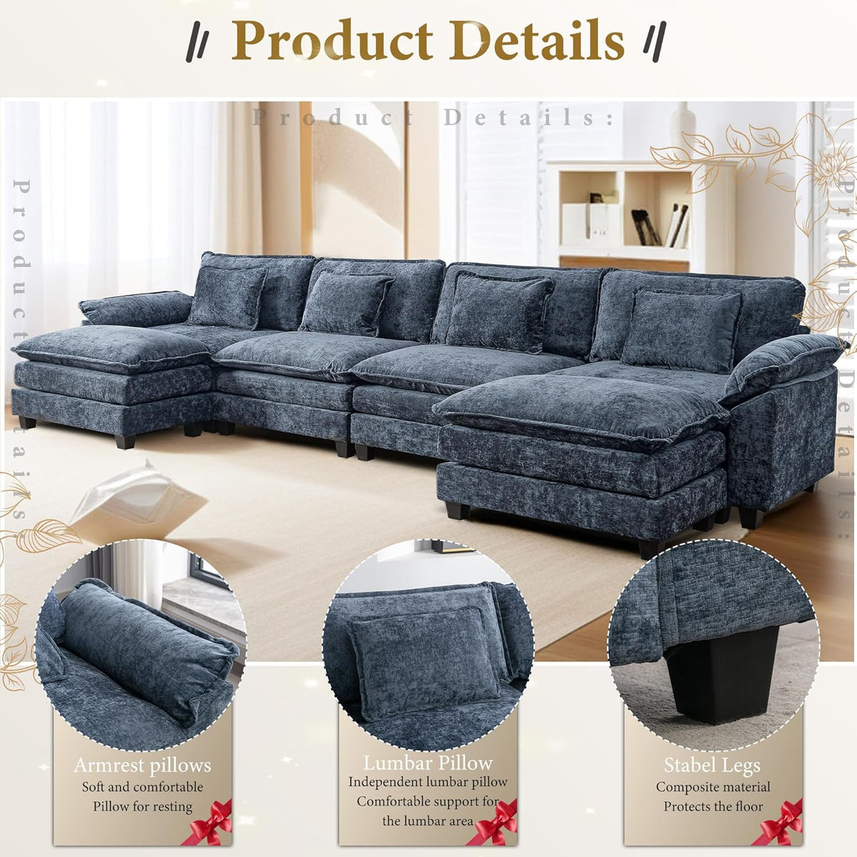 URRED Modular Sectional Sofa Comfy Cloud Couch, Modern Chenille Sofa Sleeper Deep Seat Couches with Ottoman/Pillows for Living Room (Blue, 154'' - U Shape)