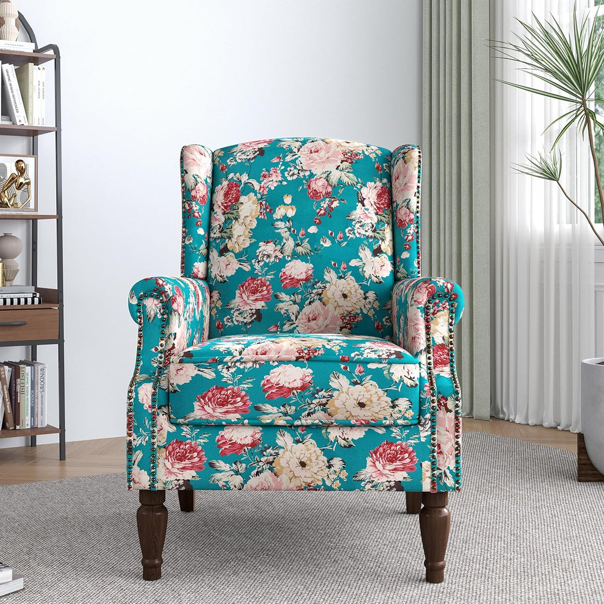 Lumibee Wingback Accent Chair,High Back Floral Armchairs in Fabric,Comfy Upholstered Reading Single Sofa Chair with Solid Wood Legs for Living Room,Bedroom,Office-Peacock Blue