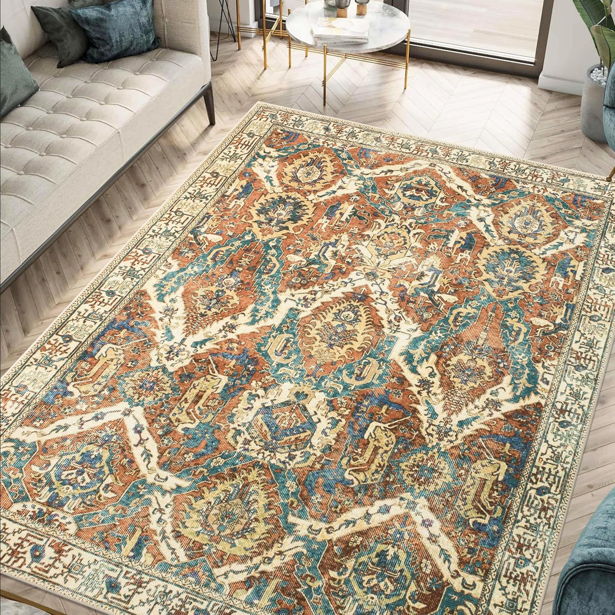 Keen Home Design 6x9 Rug - Machine Washable Area Rug with Non-Slip Backing, Ideal for Living Room, Dining Room, Bedroom - Vintage, Easy Clean, Durable, Low Pile Rug - (6' x 9')