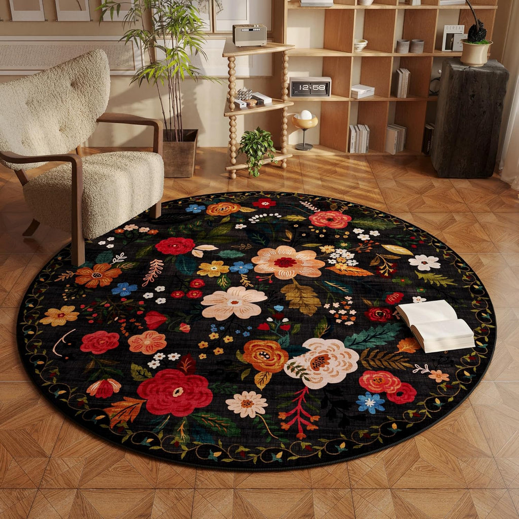 Round Rug 6ft Washable Circle Rug Non Slip Low Pile Boho Floral Small Circular Rug for Bedroom, Bathroom, Entryway, Kids Room, Office, College Dorm(Black)