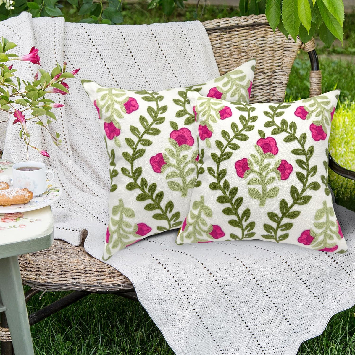 Alysheer Floral Embroidered Summer Decorative Throw Pillow Covers 20"x 20" Set of 2, Farmhouse Cottage Hot Pink Flowers Green Leaves Knit Pattern Cotton Canvas Cushion Case for Couch Bed Living Room