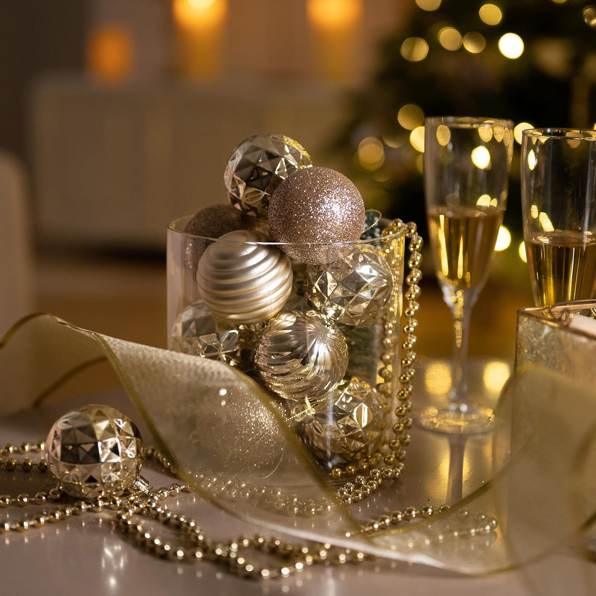 Valery Madelyn Christmas Ornaments Tree Decorations Set for Fall Halloween, 24ct Champagne Gold Shatterproof Ball Ornaments, 2.36" Hanging Ornament Bulk for Xmas Holiday Party Decor