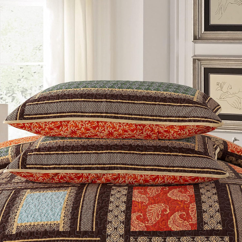 NEWLAKE Cotton Patchwork Bedspread, 3-Piece Bedding Quilt Set with Real Stitched Embroidery, Reversible Matelasse Bed Coverlet Set,Bohemian Farmhouse,Twin Size